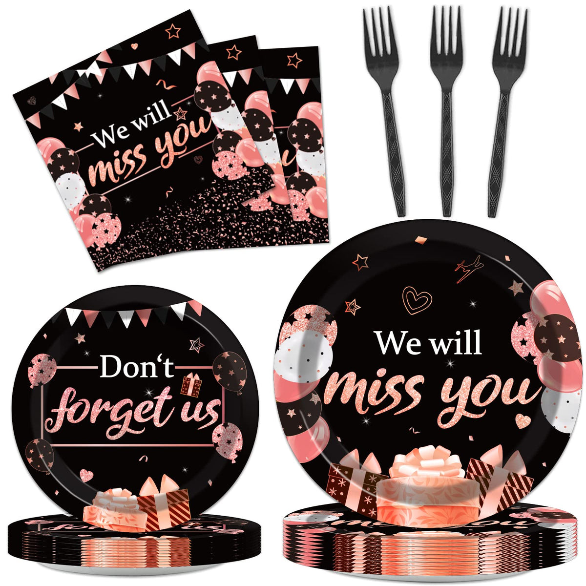 96pcs We Will Miss You Party Paper Plate and Napkin Farewell Party Decoration Going Away Party Disposable Tableware Set Black an