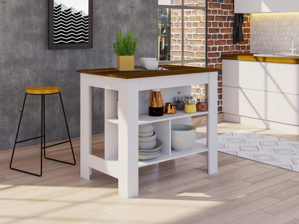 Kitchen Island, Kitchen Table 35" H, 4 Legs, 3 Open Storage Shelves, White/Walnut
