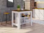 Kitchen Island, Kitchen Table 35" H, 4 Legs, 3 Open Storage Shelves, White/Walnut