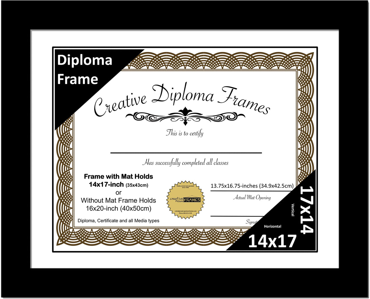 Creative Picture Frames 14x17 Classic Black Diploma Frame with White Mat Glass Easel and Installed Wall Hangers | Frame Holds 16