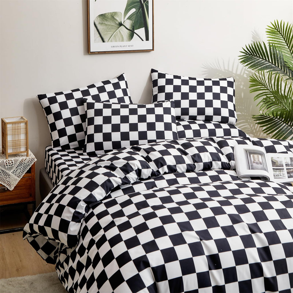 Clothknow Black White Plaid Full Comforter Set 3Pcs Grid Bedding Comforter Sets Black White Comforter Full Soft Black Checkered Full Size Comforter Sets