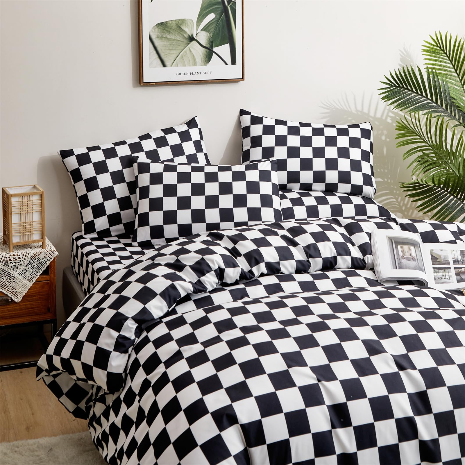 Clothknow Black White Plaid Full Comforter Set 3Pcs Grid Bedding Comforter Sets Black White Comforter Full Soft Black Checkered Full Size Comforter Sets