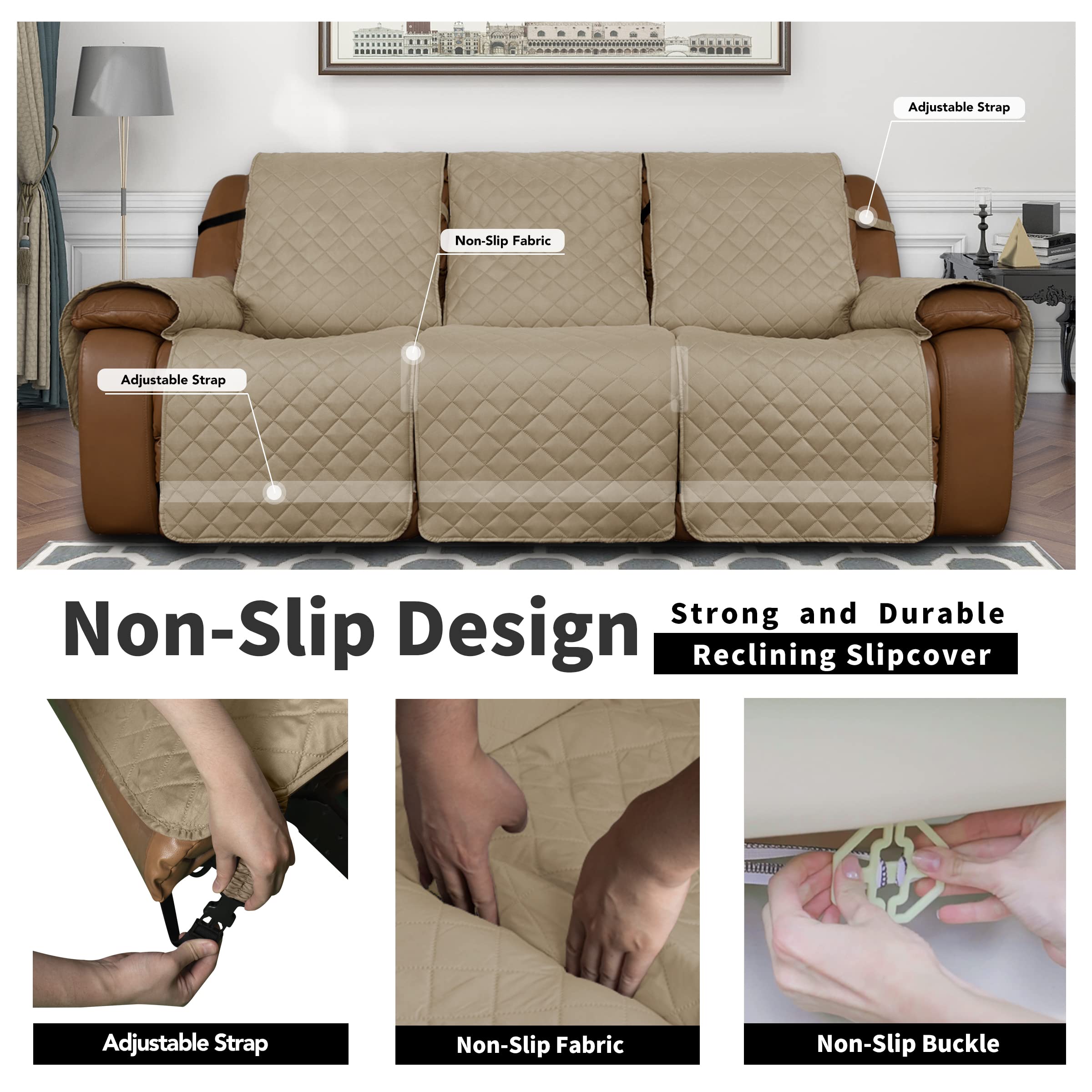 Easy-Going Oversized Recliner Sofa Cover, Reversible Couch Cover For 3 Seat Recliner, Split Sofa Cover For Each Seat With Elastic Straps For Kids, Dogs, Pets (3 Seater, Beige/Beige)