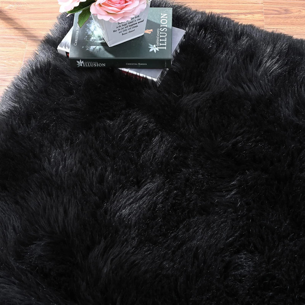 Orinova Washable Rug 6X9 Area Rugs For Living Room Black Fuzzy Faux Sheepskin Shag Fur Rug For Bedroom Nursery Rectangle Rug Hom