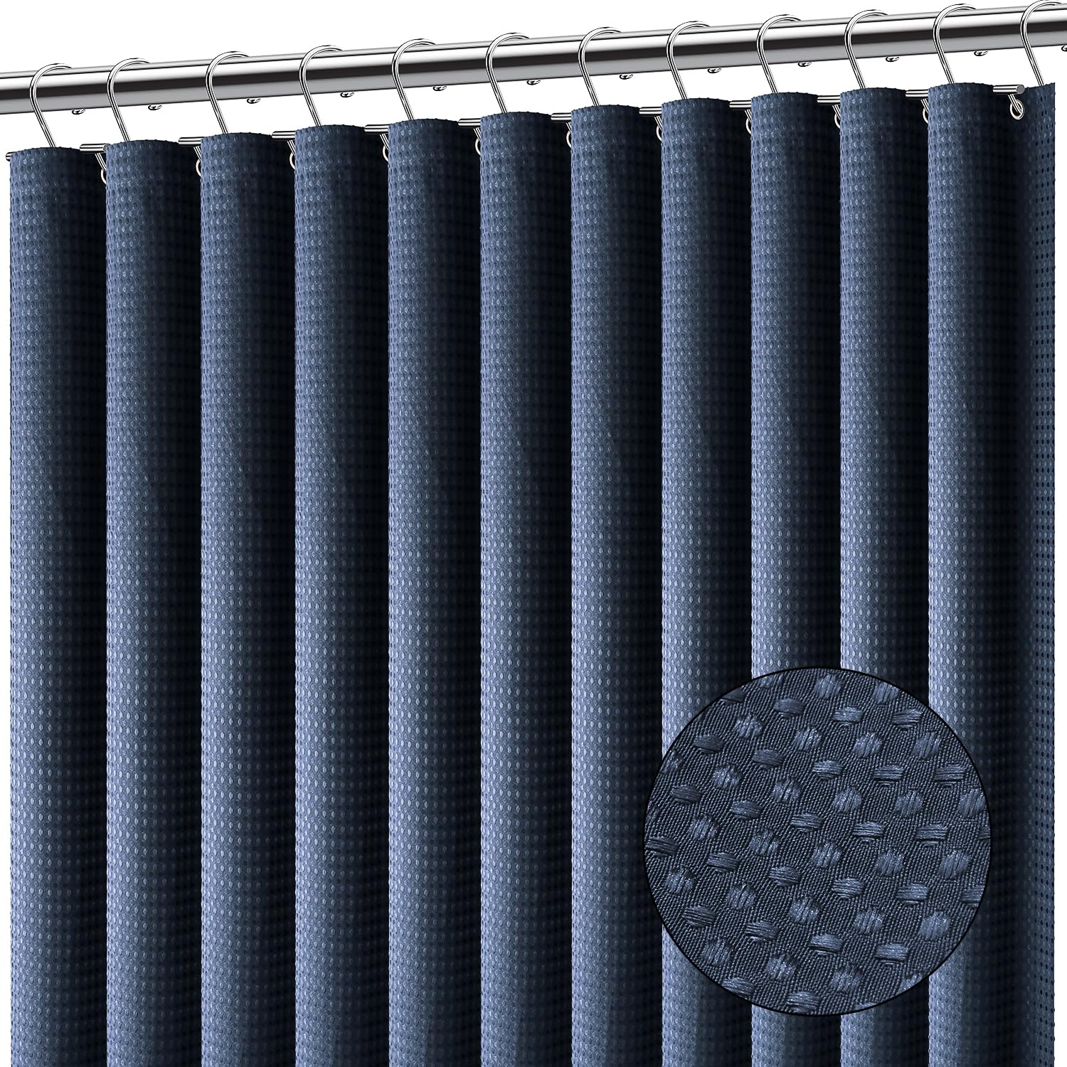 Clara Clark Navy Blue Shower Curtain - Waterproof Shower Curtains For Bathroom, Waffle Shower Curtain Fabric, Heavy Duty Bathroo