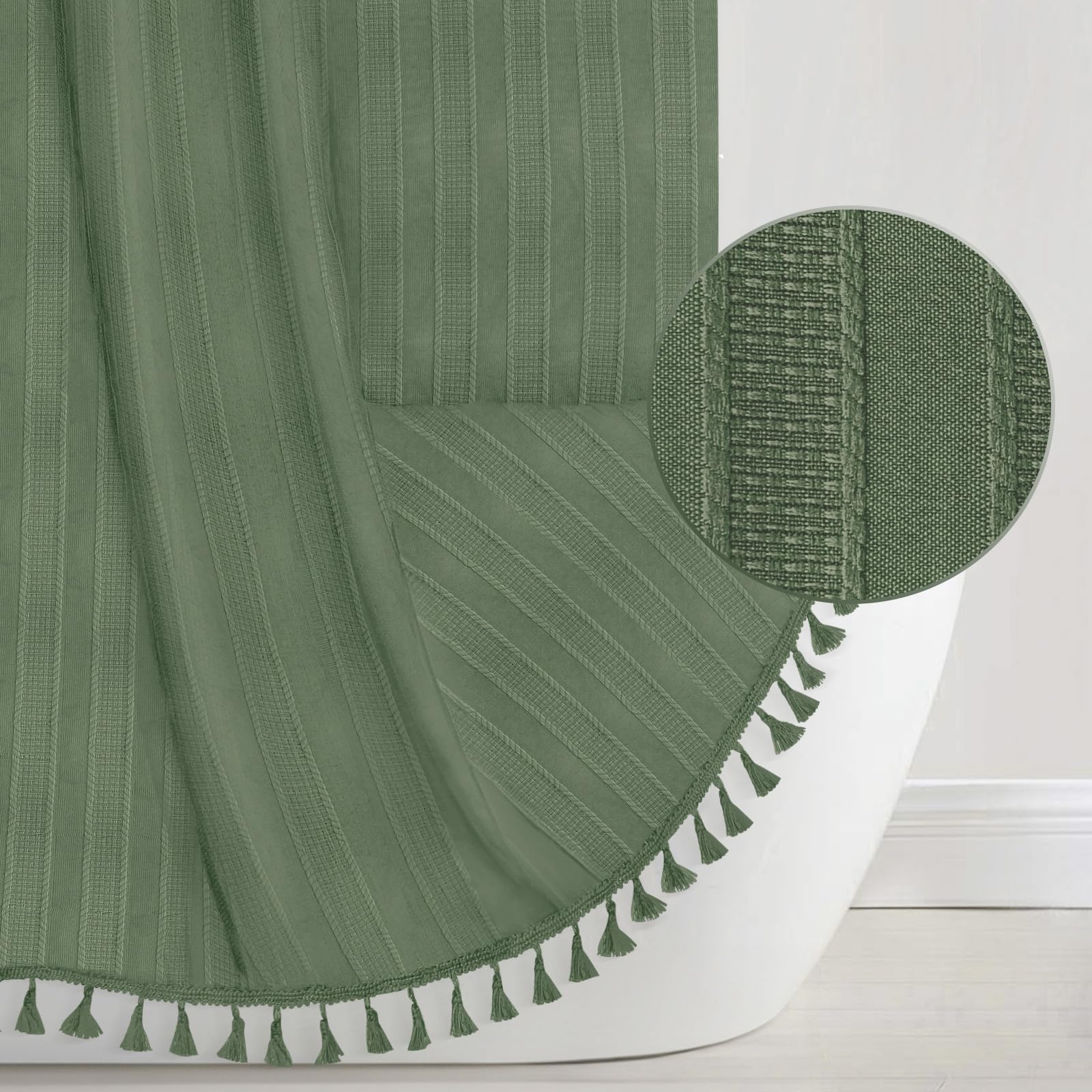 Seasonwood Green Shower Curtain 72 X 78 Inches Long Textured Vertical Stripe Tassel Shower Curtain Farmhouse Minimalist Cute Sho
