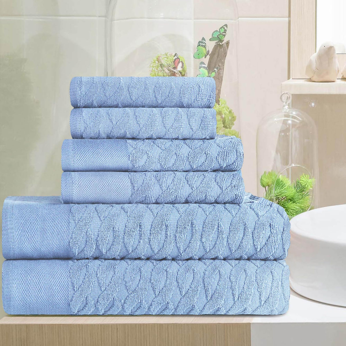 Superior Turkish Cotton Infinity Jacquard 6 Piece Towel Set, Ultra Soft for Shower, Bathroom, Spa, Kitchen Accesssories, Face To