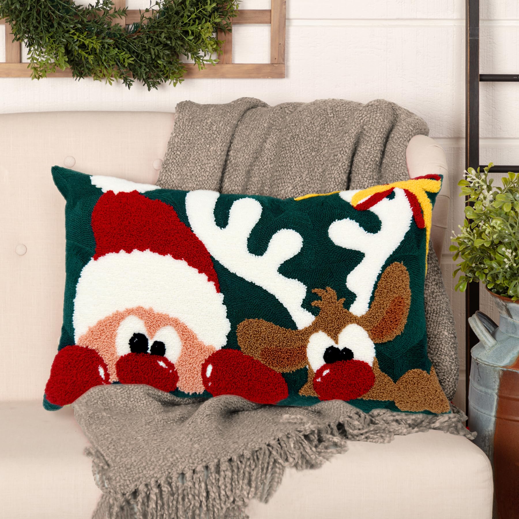Alysheer Embroidered Lumbar Decorative Throw Pillow Cover 12''X 20'', Christmas Santa Deer Tufted Embroidery Pattern Cozy Cotton