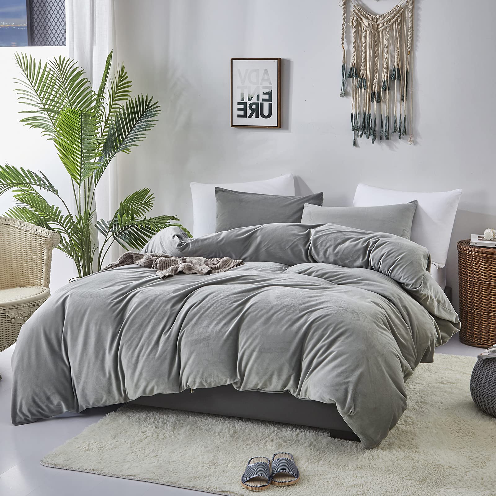 Luxlovery Grey Velvet Comforter Set Full Plush Fluffy Bedding Comforter Set Full Gray Winter Thick Warm Flannel Solid Grey Sherp