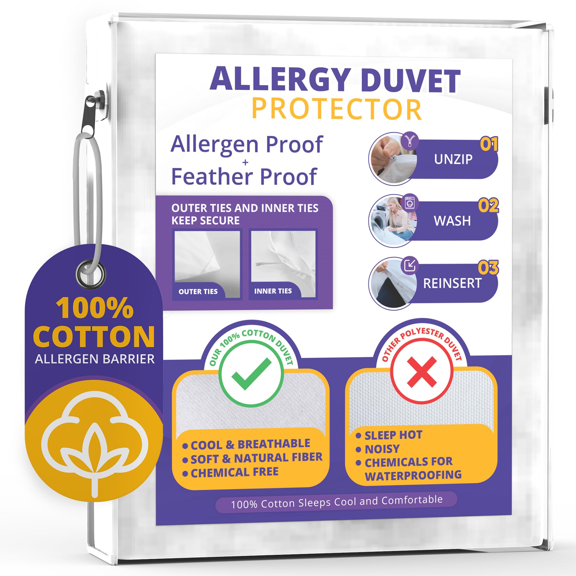 Allersoft| All Cotton Dust, Pet Dander, Feather, Pollen & Allergy Control Duvet Protector (90X90)