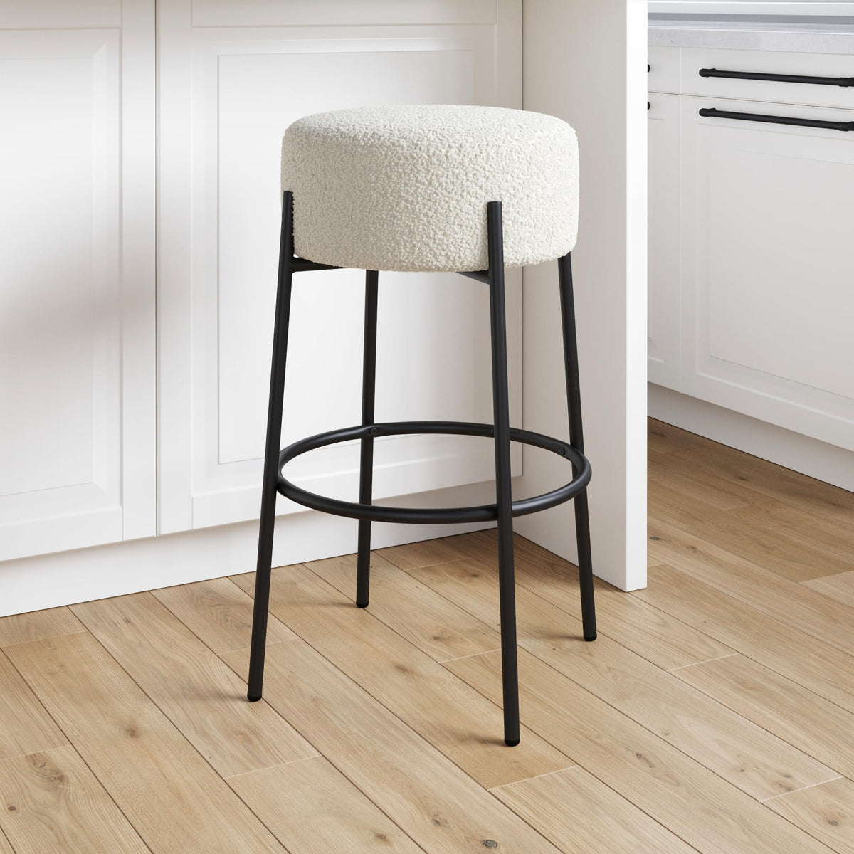 Nathan James Isaac 29inch Modern Backless Bar Stool With Round Soft Padded Boucle Seat And Metal Midcentury Base, Boucle White/Bla