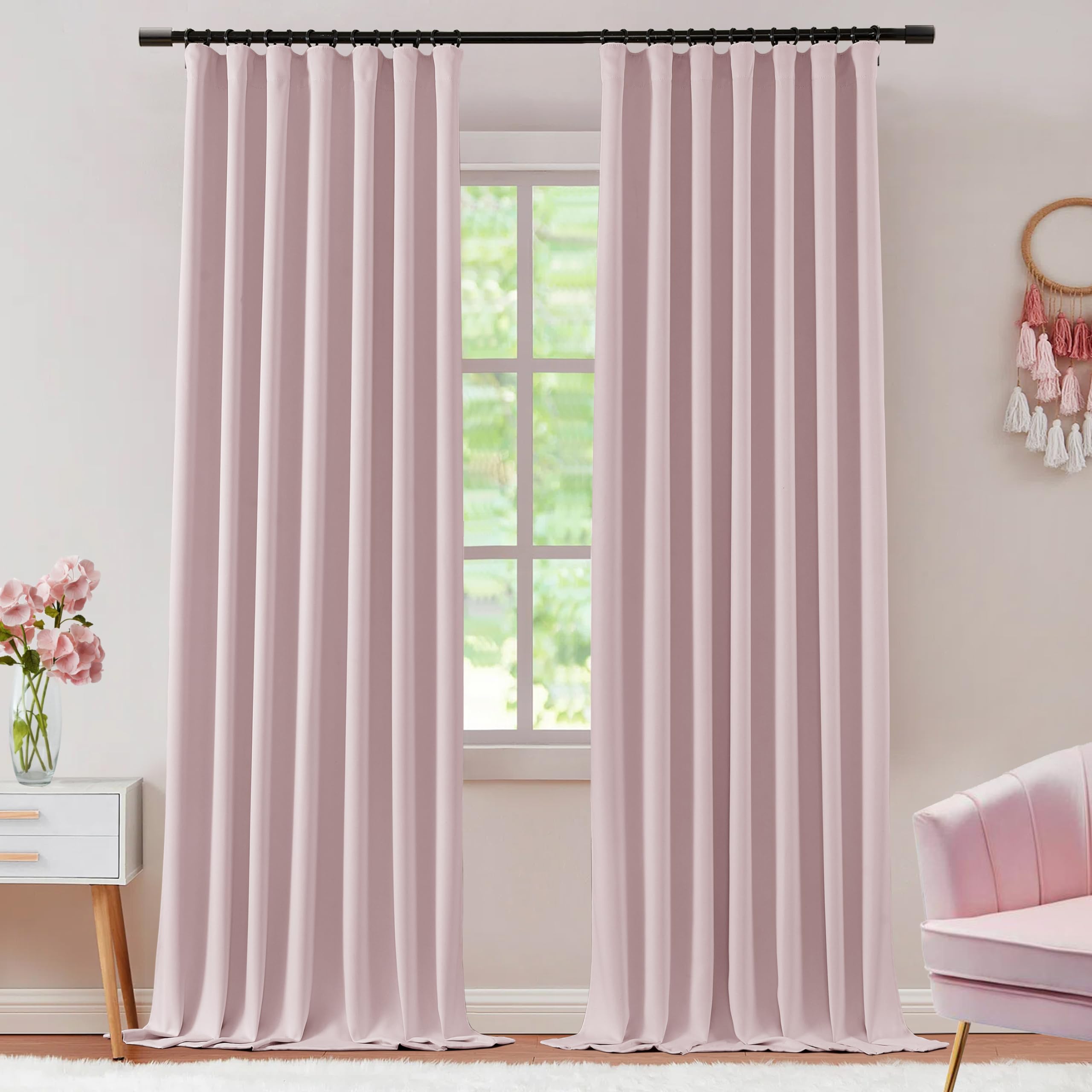 Shineland Pink Curtains 96 Inches Long 2 Panels 100% Blackout For Nursery Baby Room,Pretty Back Tab Pleated Boho Light Pink Ther