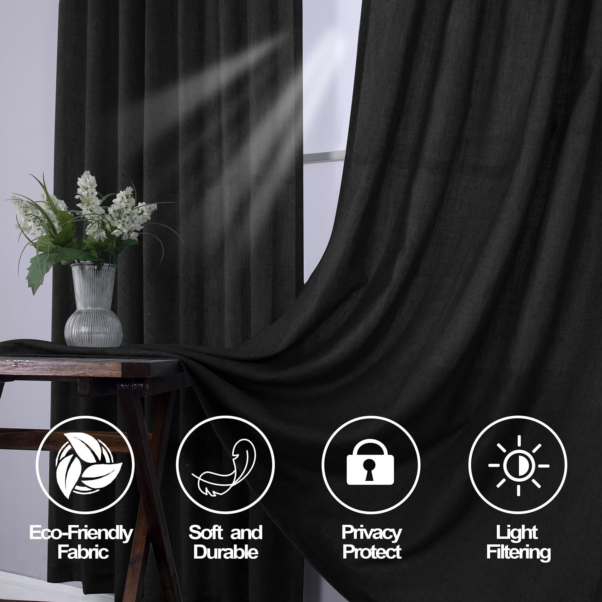 Mrs.Naturall Black Back Tab Linen Blend Sheer Curtains For Living Room 52X63 Inches Long