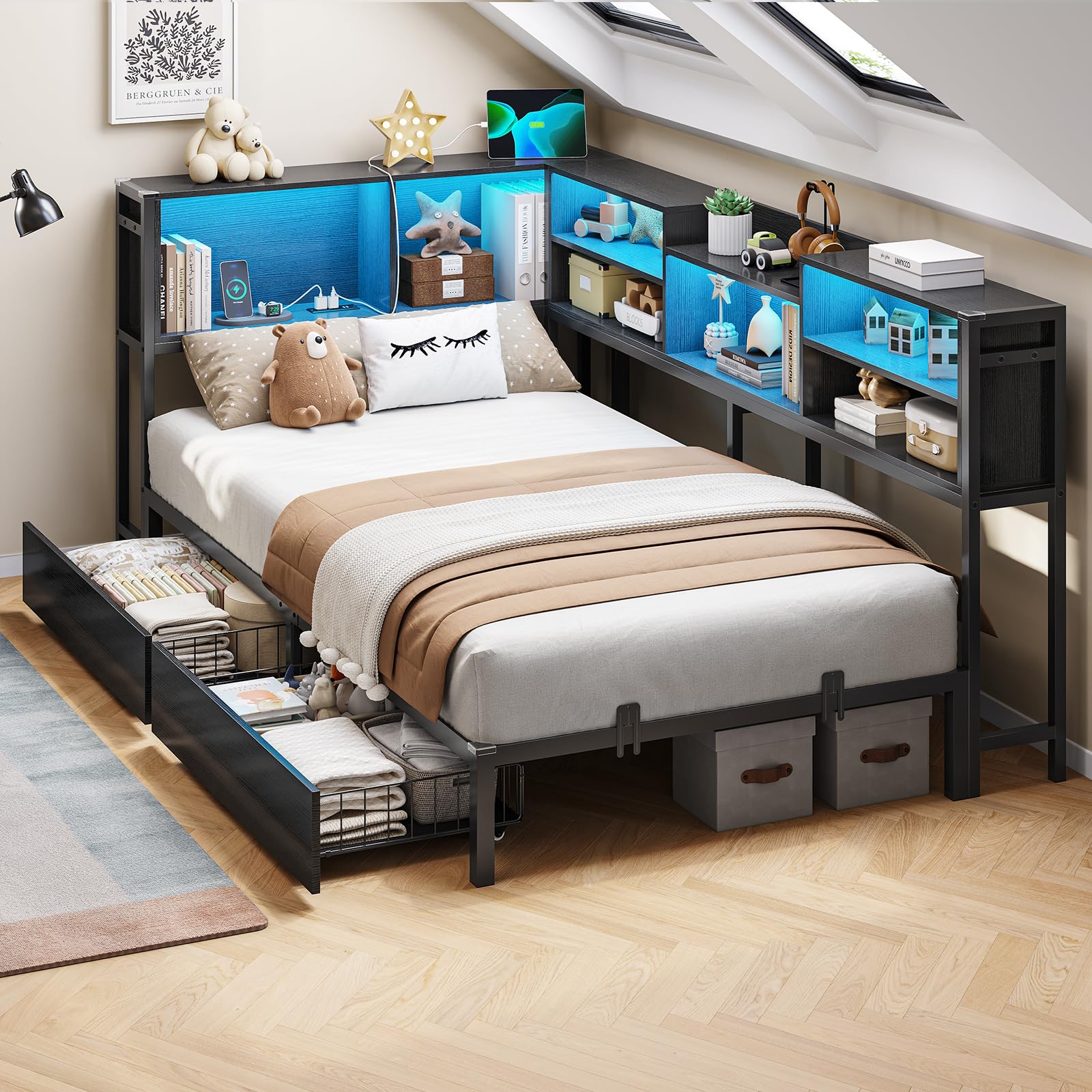 DICTAC Corner Twin Bed Frame with Bookcase Storage and Led Lights Metal Twin Size Platform Beds with Storage and Charging Statio
