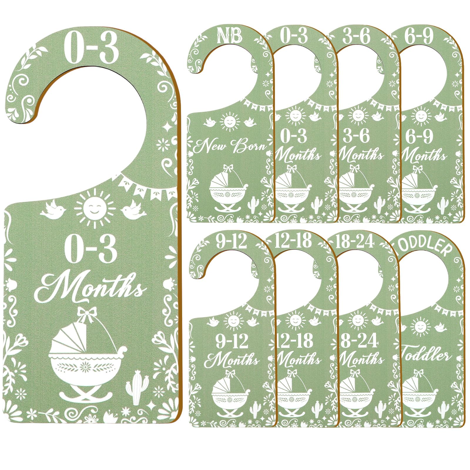 CORNER LACE Sage Green Baby Closet Size Dividers 8Pcs, Cielito Lindo Double-Sided Wooden Hanger Organizer from Newborn to 24 Mon