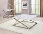 Steve Silver Zurich White Square Faux Marble End Table with Sturdy Asymmetrical Matte Chrome Base, Papered Veneer Top, Mixed Media Style, 24" L x 24" W x 23" H