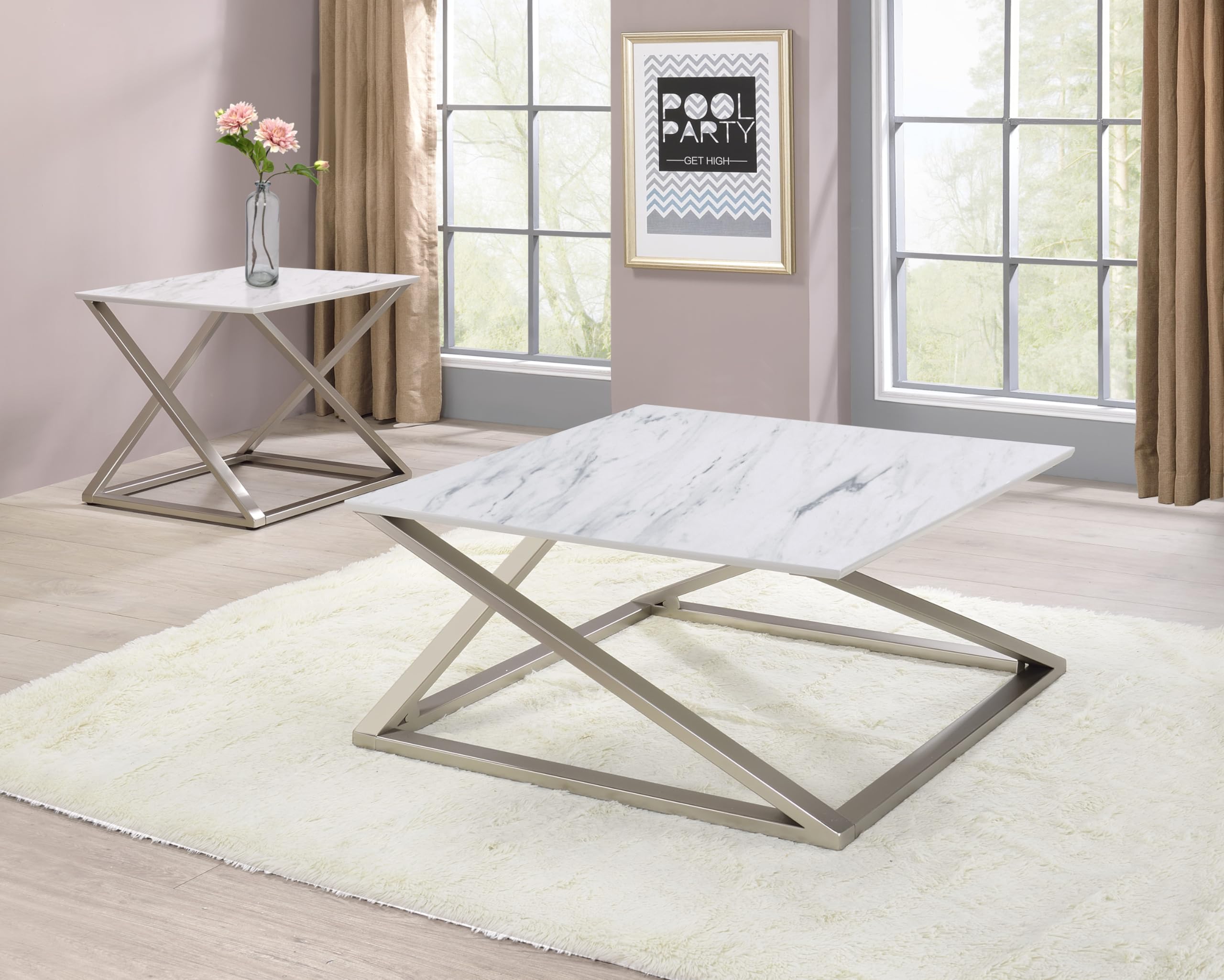Steve Silver Zurich White Square Faux Marble End Table with Sturdy Asymmetrical Matte Chrome Base, Papered Veneer Top, Mixed Media Style, 24" L x 24" W x 23" H