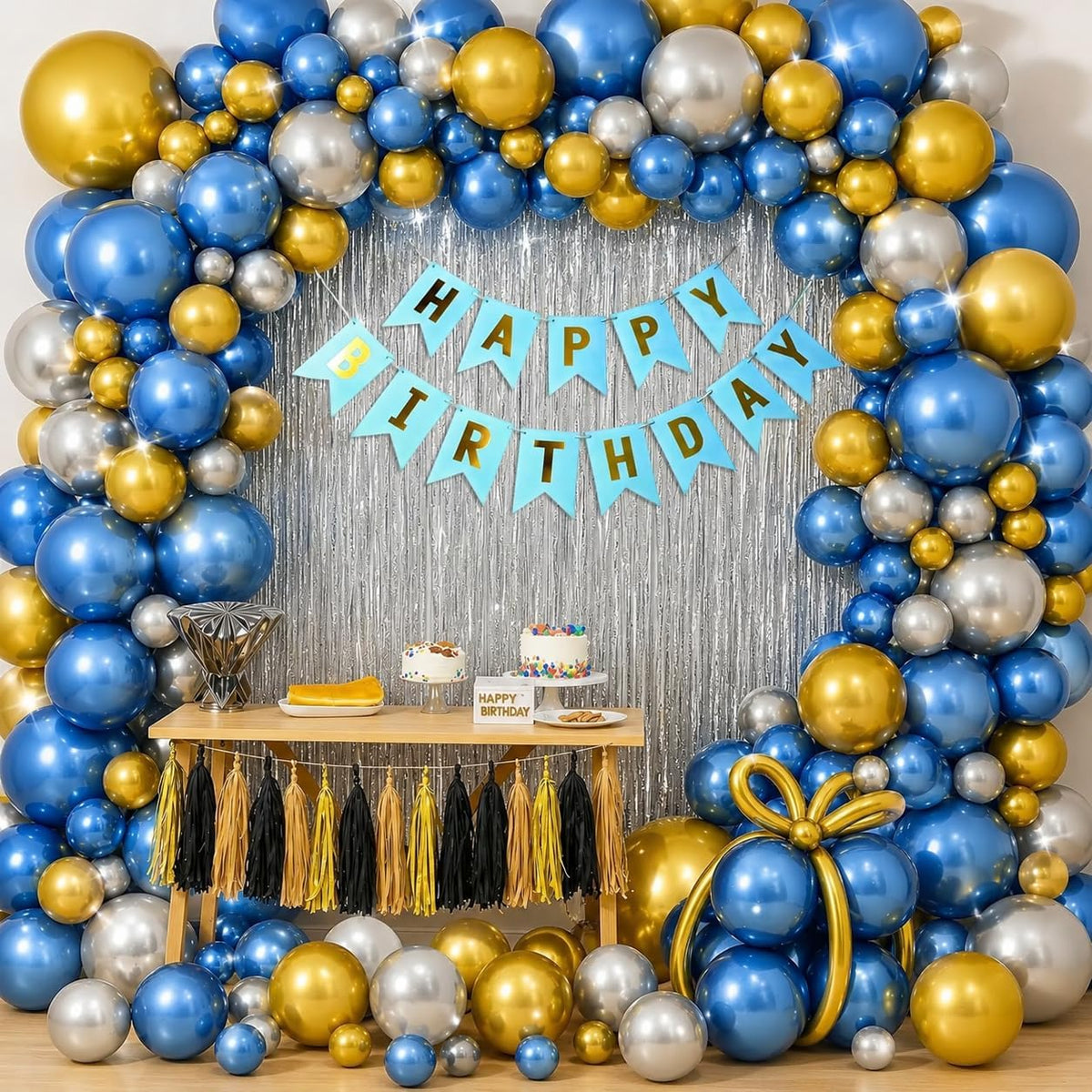Blue Gold Silver Birthday Decoration Kit for Boys & Men | Metallic Balloon Garland Arch Kit with Happy Birthday Banner & Silver 