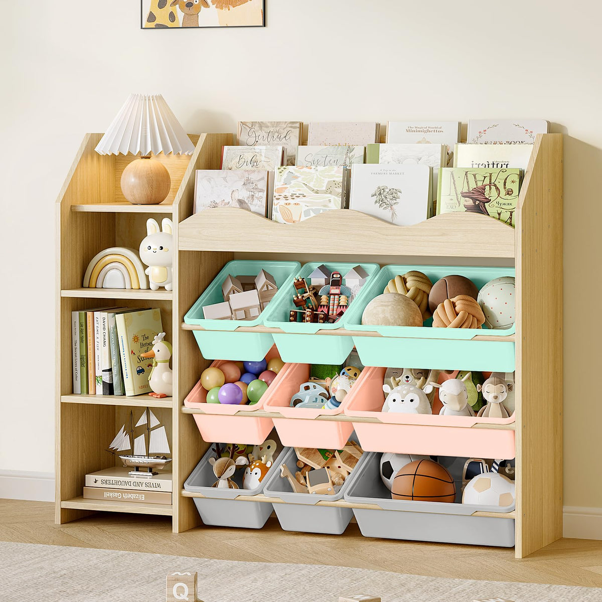 EXPERLAM Kids Toy Organizer, Scalloped Bookshelf, 4 Shelves, 9 Color Bins