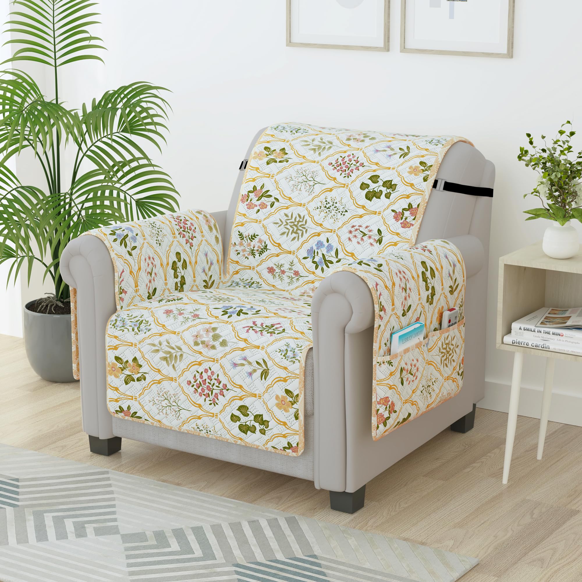 Story@Home Quilted Sofa Cover 1 Seater Fully Covered Stretchable Microfiber Sofa Cover 1 Seater 60X175Cm Beige & Green Floral & 
