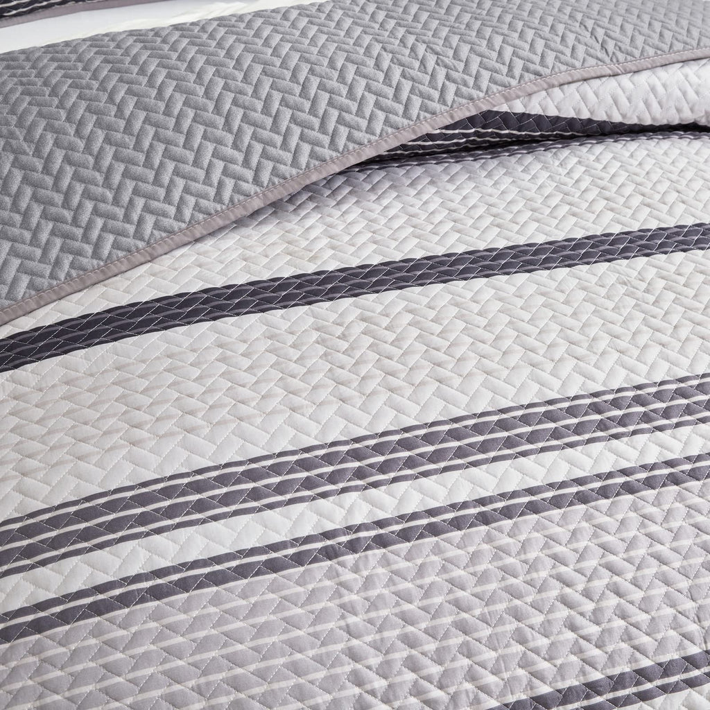 Flysheep Grey Boho Quilt Set Full Queen Size, 3 Pcs Gray Black And Navy Striped Bedspread, Soft Microfiber Modern Coverlet For A