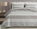 Chezmoi Collection Robyn 3Piece Neutral Taupe Gray White Floral Hibiscus Flower Patchwork Striped Quilt Set  PreWashed Cotton