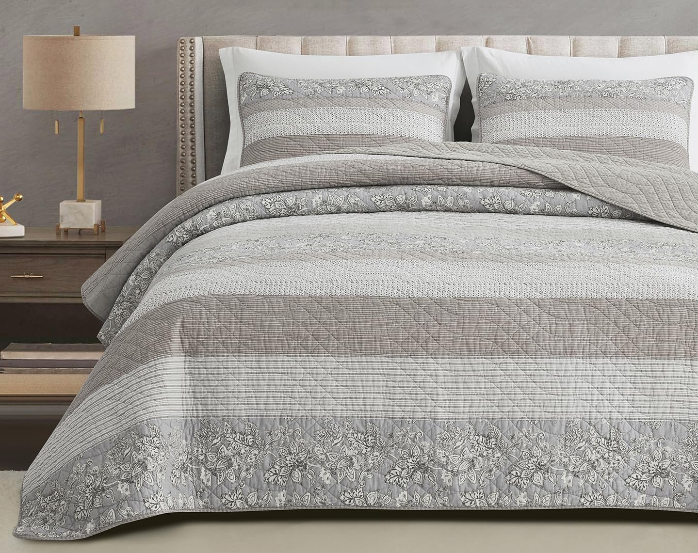 Chezmoi Collection Robyn 3Piece Neutral Taupe Gray White Floral Hibiscus Flower Patchwork Striped Quilt Set  PreWashed Cotton