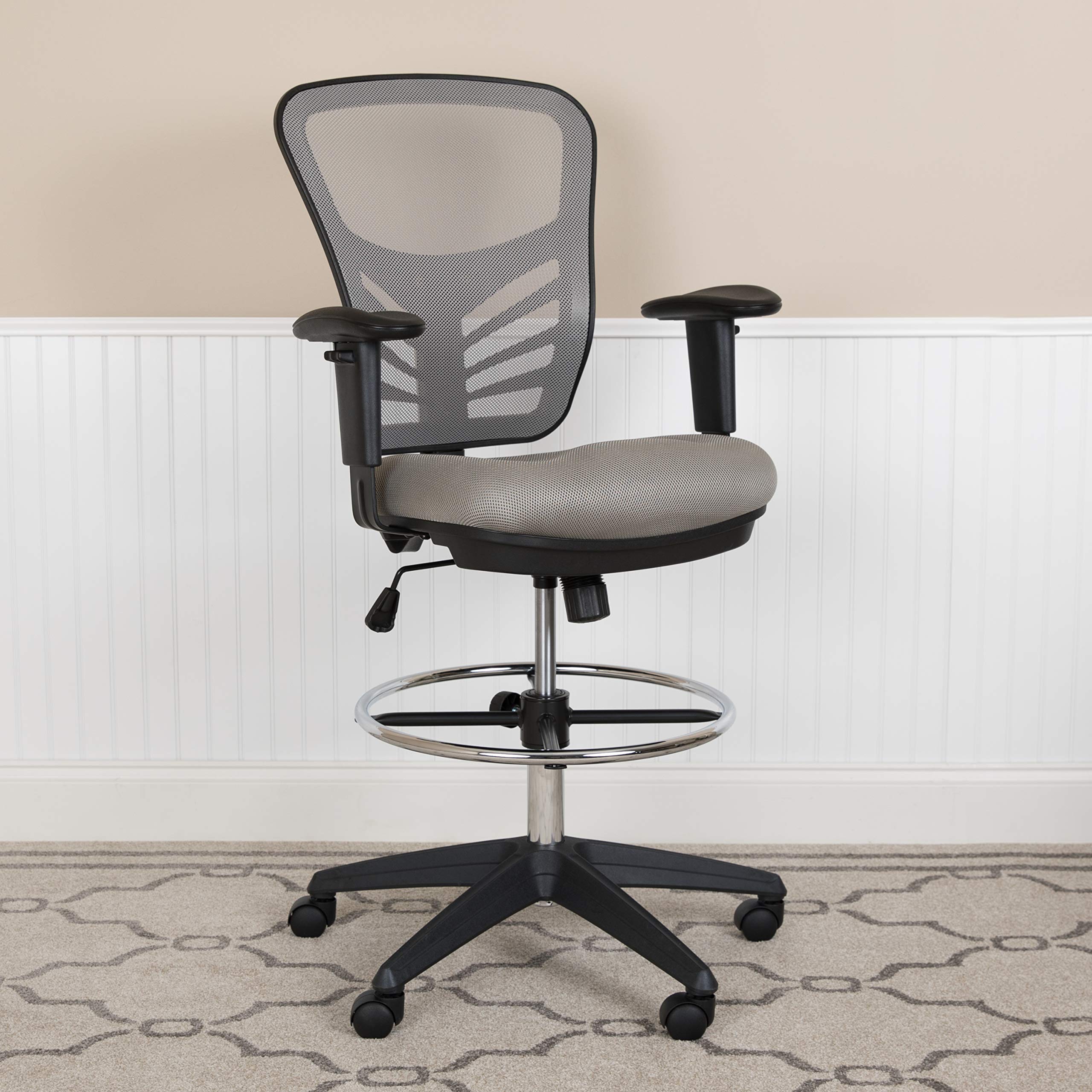 Flash Furniture Tyler Mid-Back Light Gray Mesh Ergonomic Drafting Chair With Adjustable Chrome Foot Ring, Adjustable Arms And Black Frame