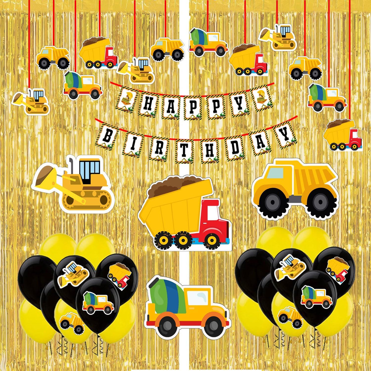 WoW Party Studio Construction Vehicles JCB Theme Birthday Decorations Items Combo Set  47Pcs With Banner,Golden Foil Curtains,C