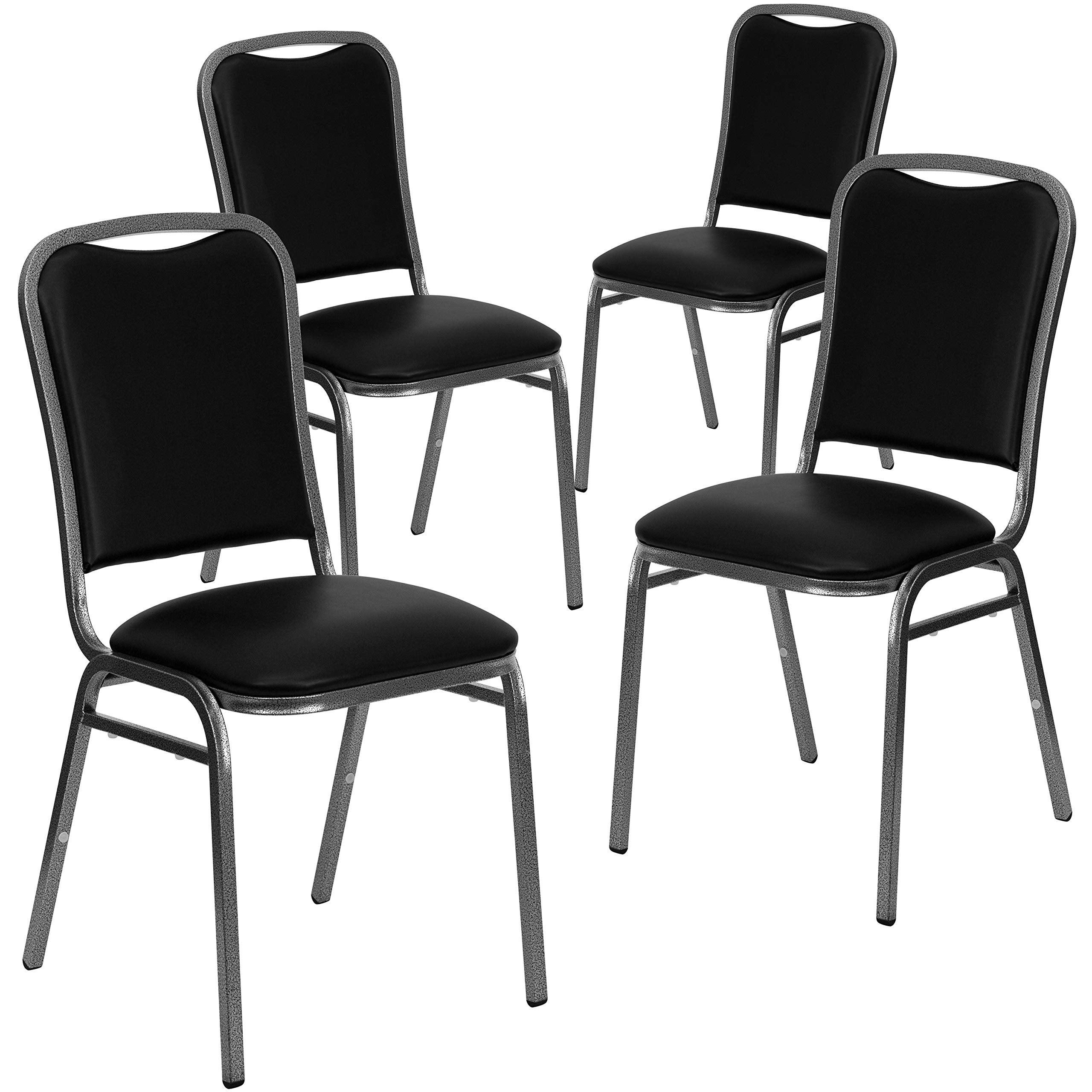 4 Pk. Stacking Chair with Black Vinyl and 1.5 Thick Seat - Silver Vein Frame