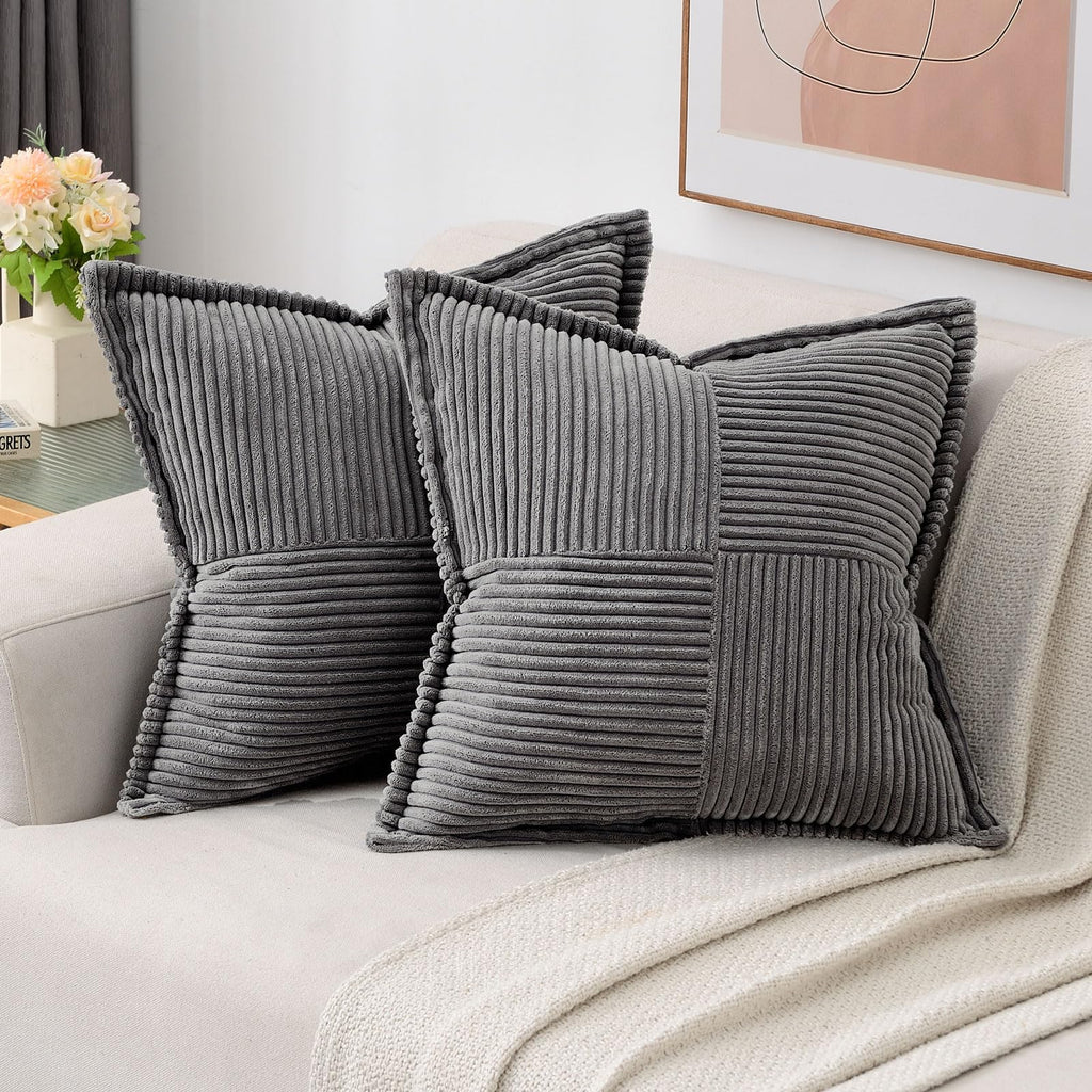 Haussy Dark Grey Decorative Throw Pillow Covers 24X24 Inch Set Of 2,Soft Solid Corduroy Striped Cushion Case,Square Euro Pillow