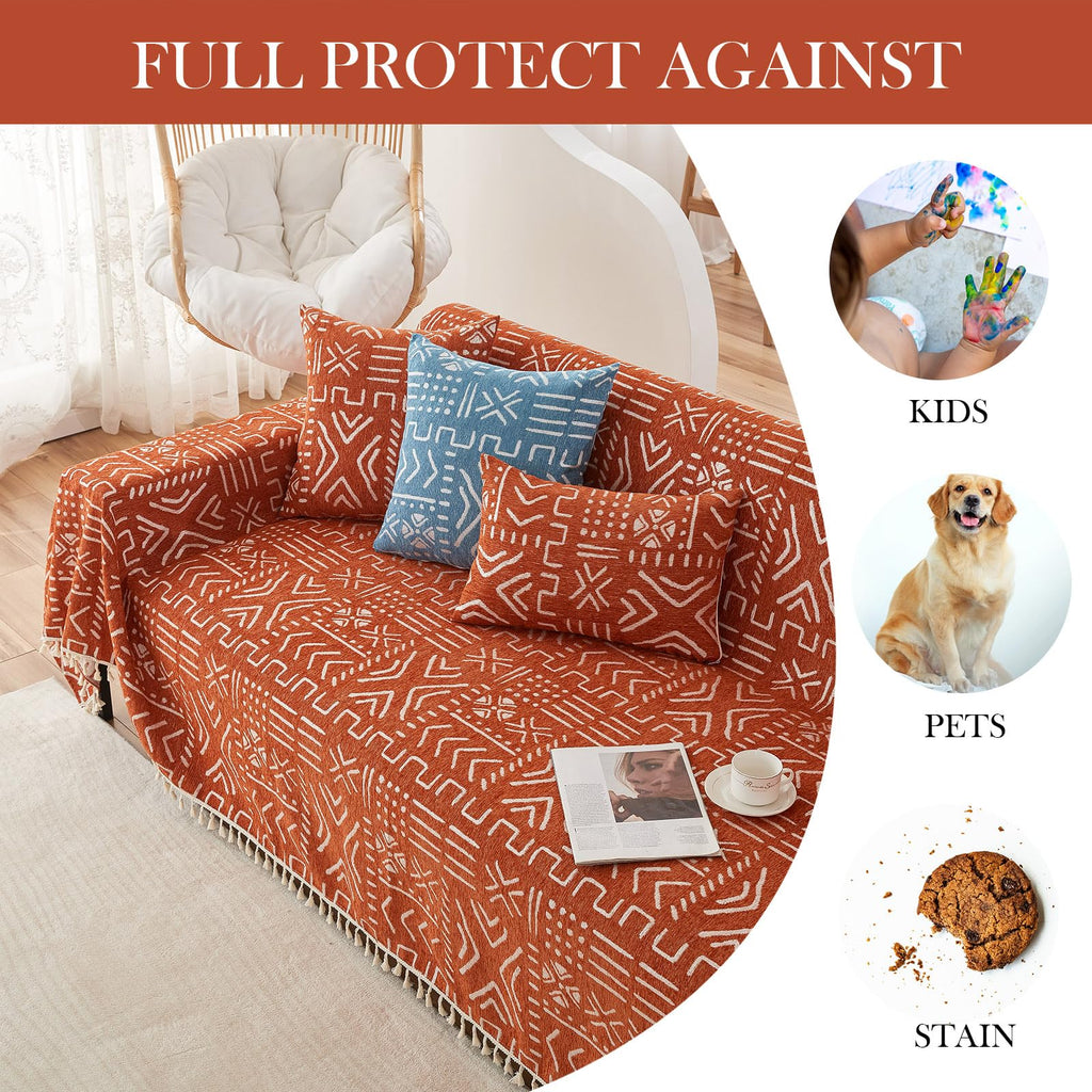 Handontime Boho Aztec Sofa Slipcover For Sofa/Couch Farmhouse Geometric Couch Protector For Dogs With Tassel Brick Orange Couch Covers Sofa Cover For Dogs Cats Kids Bohemian Sofa Décor, 71' X150'