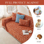 Handontime Boho Aztec Sofa Slipcover For Sofa/Couch Farmhouse Geometric Couch Protector For Dogs With Tassel Brick Orange Couch Covers Sofa Cover For Dogs Cats Kids Bohemian Sofa Décor, 71' X150'
