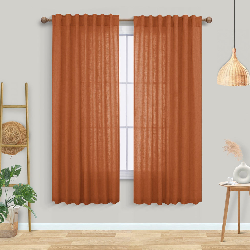 Mrs.Naturall Orange Linen Curtains 63 Inches Long For Bedroom,Sheer Retro 70S Boho Bohemian Farmhouse Pumpkin Halloween Autumn Curtains For Living Room 2 Panels Set,Burnt Orange Home Decoration