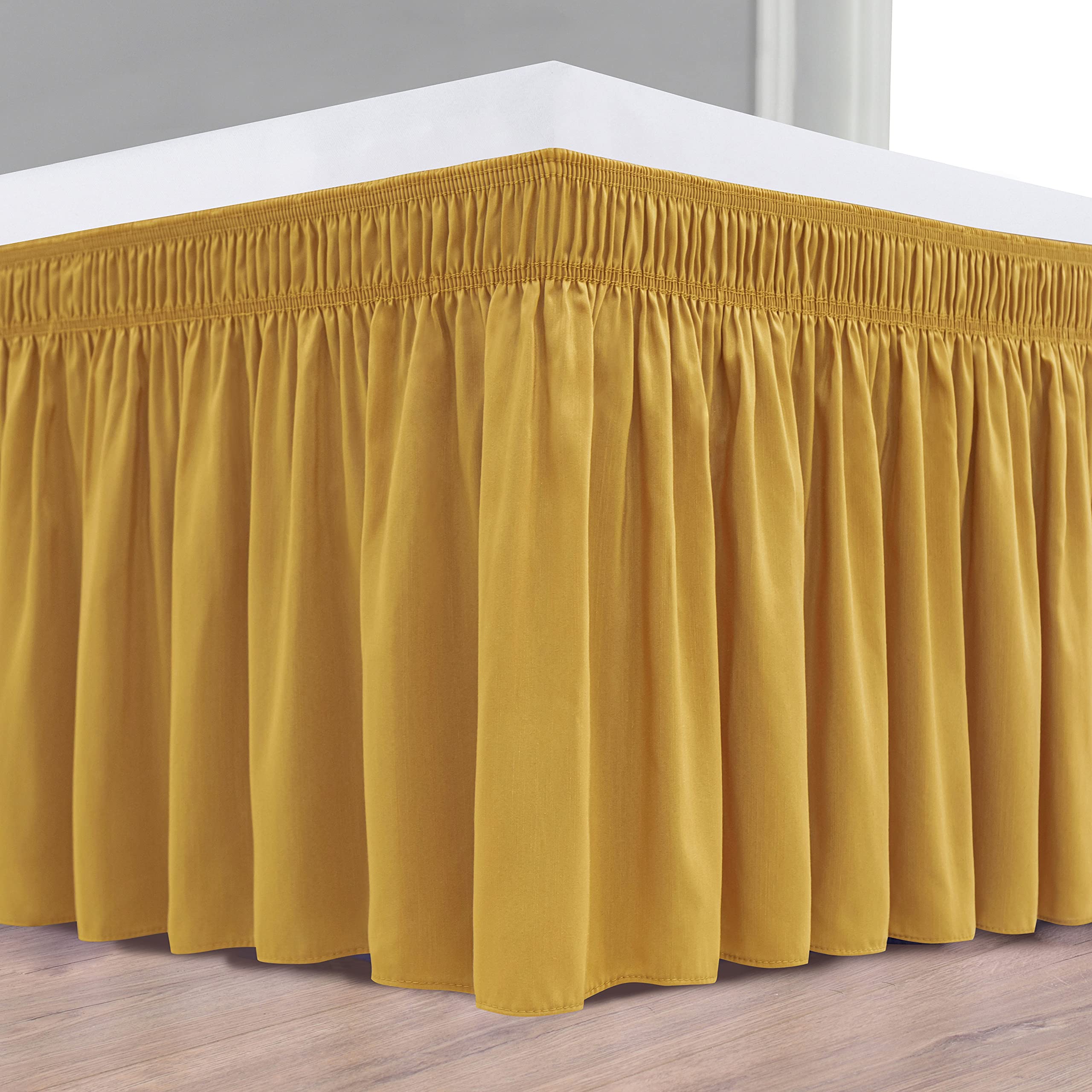 Biscaynebay Wrap Around Bed Skirts For King & Cal King Beds 16' Drop, Gold Adjustable Elastic Dust Ruffles Easy Fit Wrinkle Resistant Silky Luxurious Fabric Machine Washable