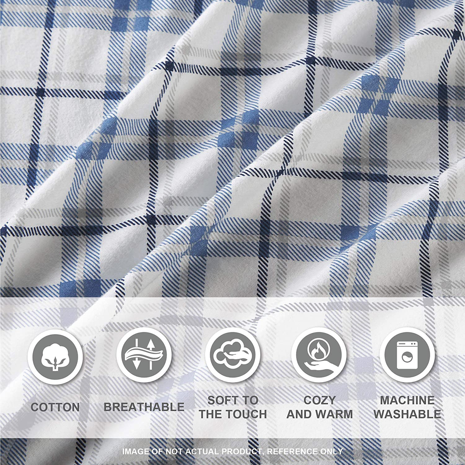 Comfort Spaces Cotton Flannel Breathable Warm Deep Pocket Sheets With Pillow Case Bedding, King, Blue Plaid 4 Piece