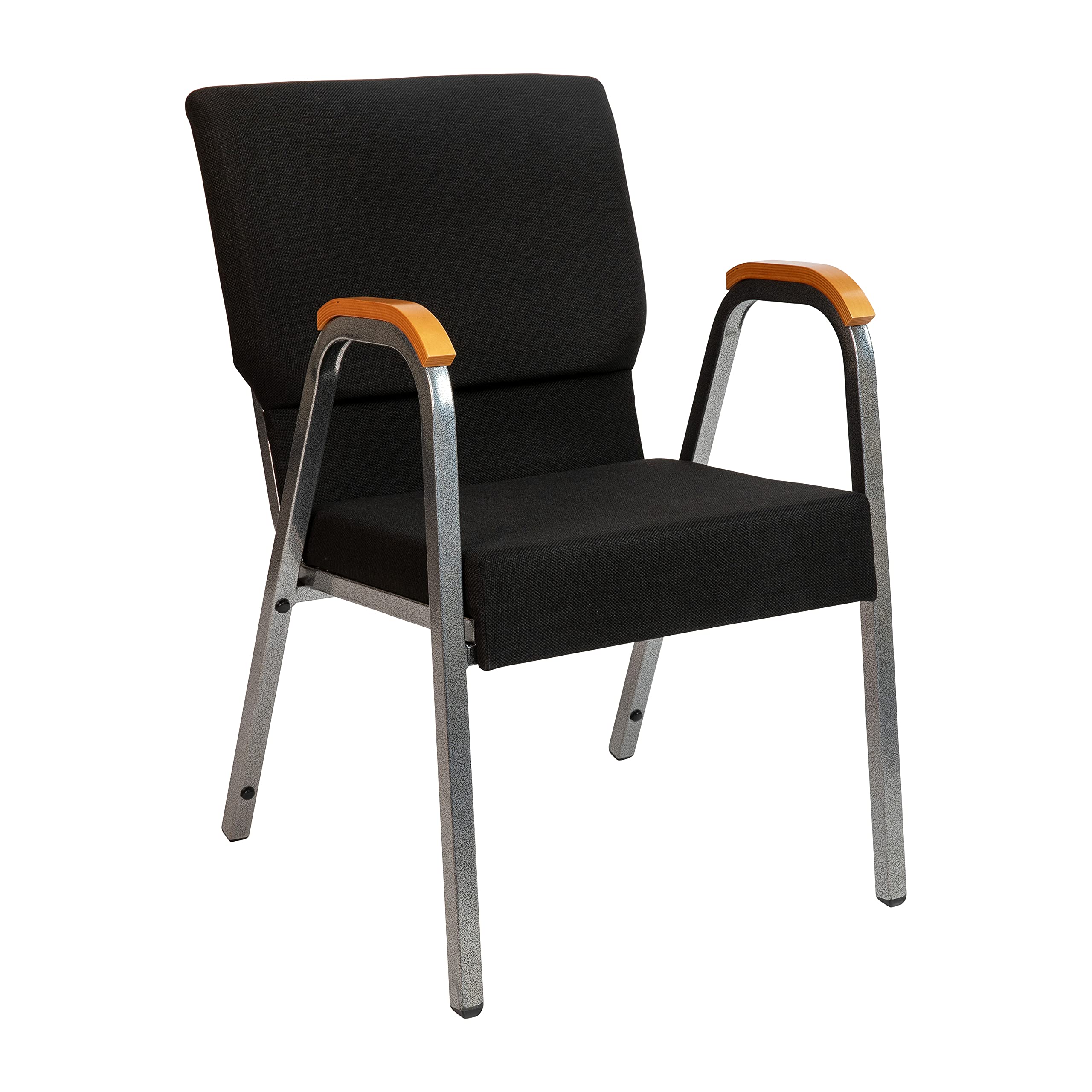 Flash Furniture HERCULES Series Church Chair - Black Fabric - Stackable - 21W - Wood Accented Arms - Silver Vein Frame