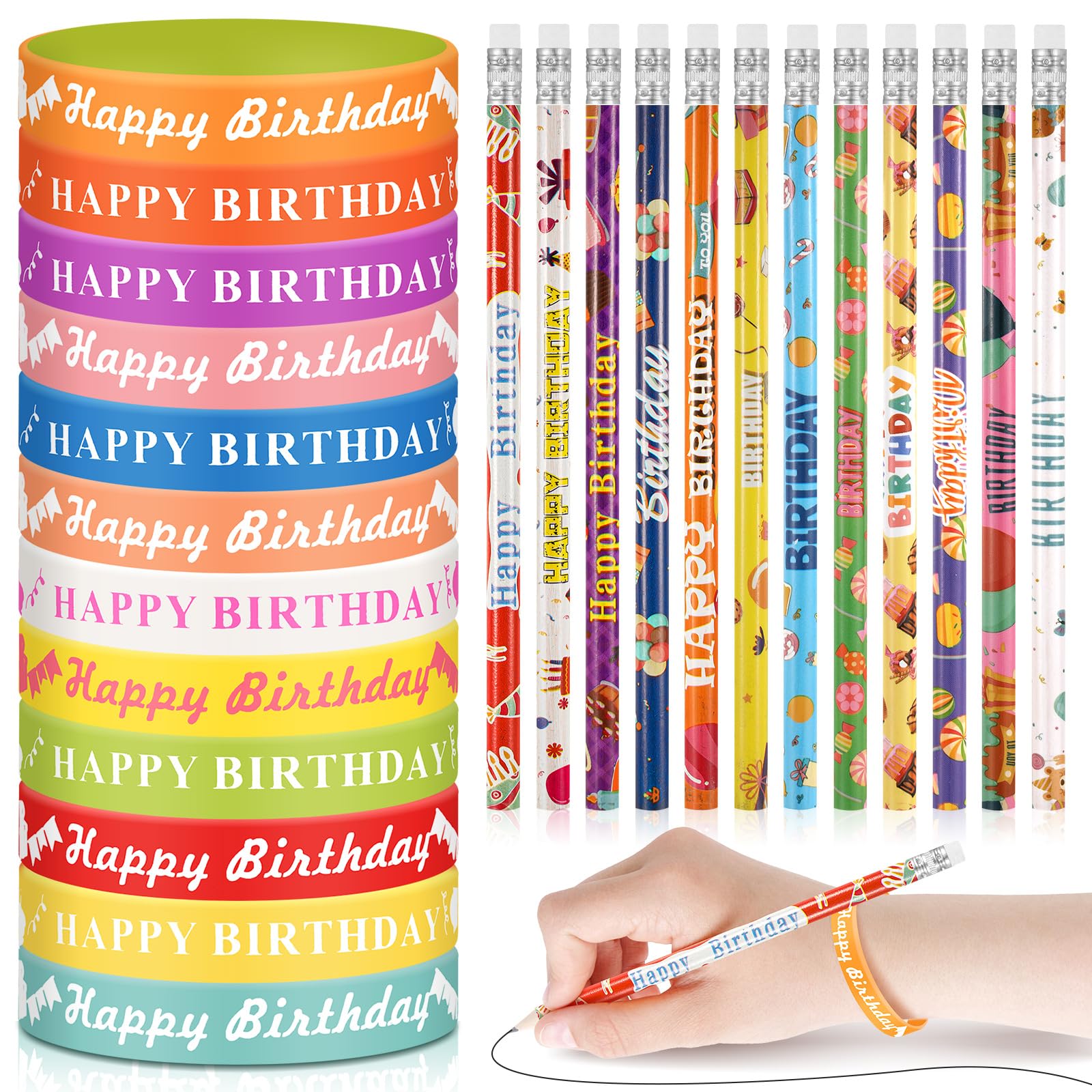 Sabary 48 Pcs Happy Birthday Pencils Rubber Bracelets Set Birthday Party Favors Birthday Pencils Silicone Wristbands Birthday Br
