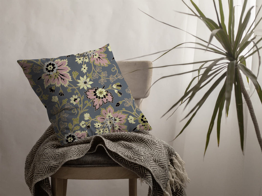 HomeRoots Muted Pink and Gray 18â€ Gray Pink Jacobean Suede Throw Pillow