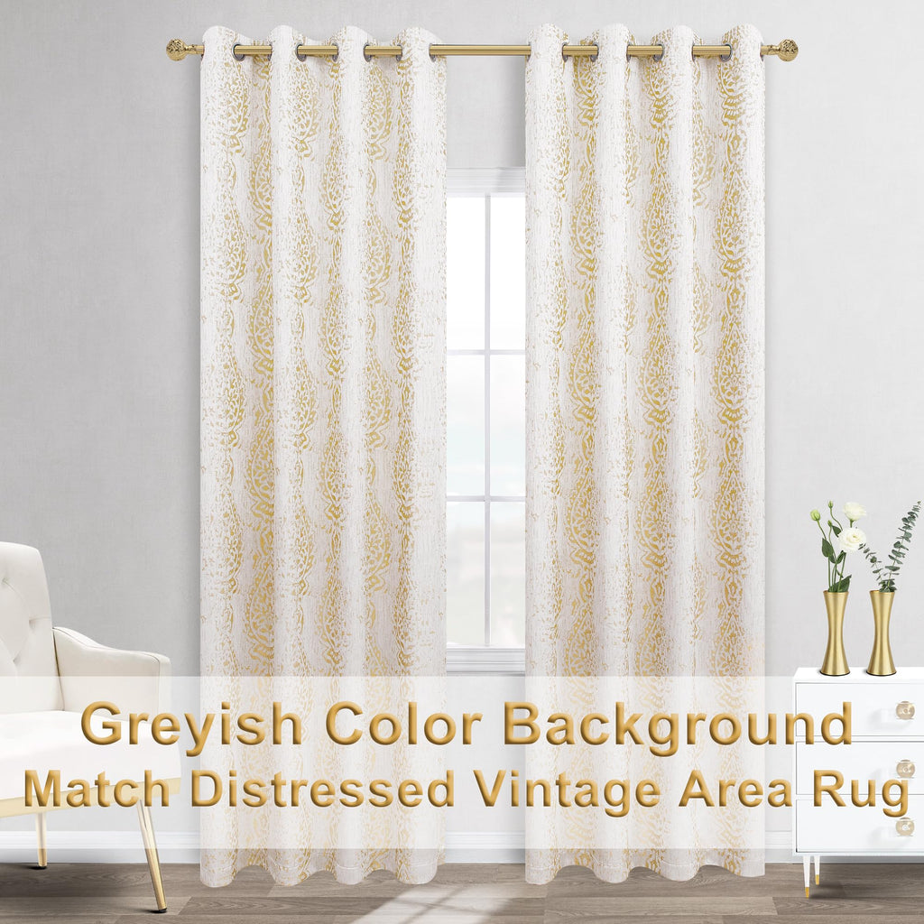 Gold And Greyish Cream White Light Filtering Damask Pattern Extra Length Mandala Curtains For Living Room 52 By 96 Inches Long 2 Panels