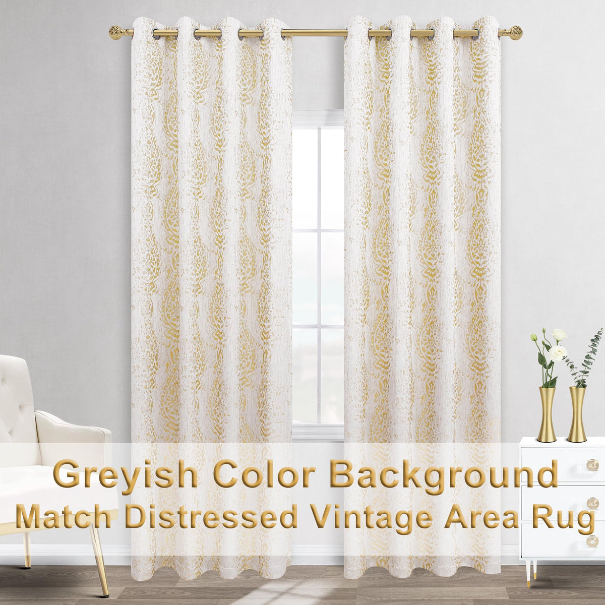 Gold And Greyish Cream White Light Filtering Damask Pattern Extra Length Mandala Curtains For Living Room 52 By 96 Inches Long 2 Panels
