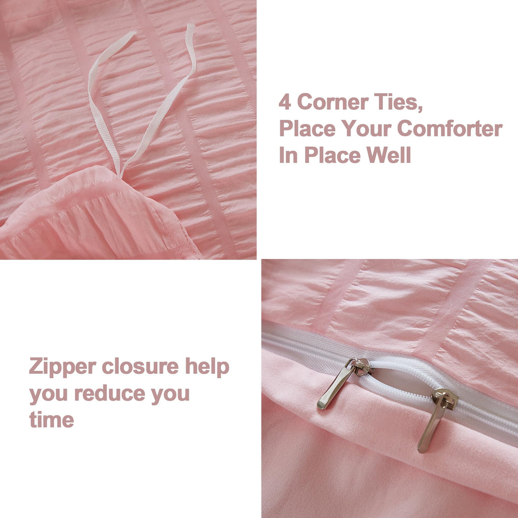 Avelom Blush Pink Seersucker Duvet Cover Set Queen Size (90 X 90 Inches), 3 Pieces (1 Duvet Cover + 2 Pillow Cases), Ultra Soft Washed Microfiber, Textured Duvet Cover With Zipper Closure, Corner Ties