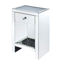Benjara Mirrored Wooden Night Table with One Drawer and Bottom Shelf, Silver