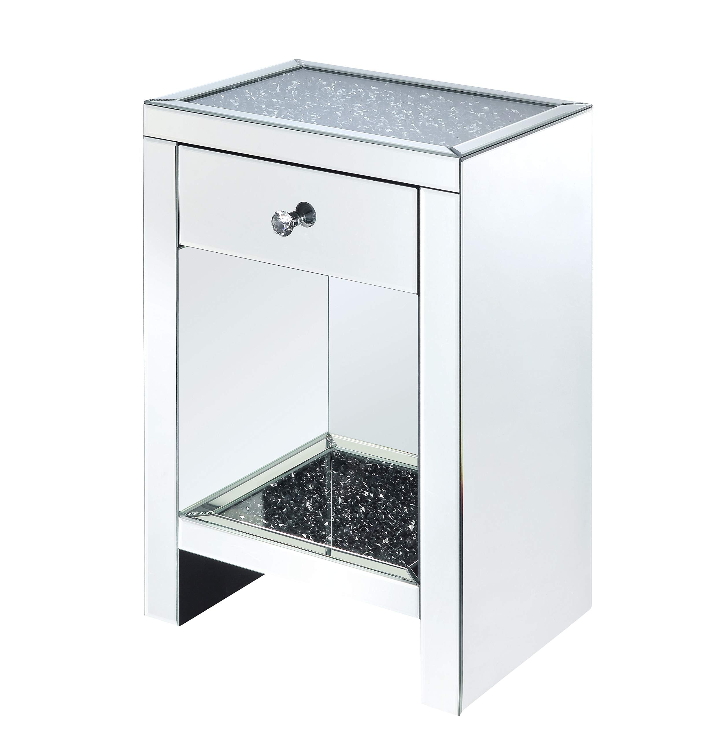 Benjara Mirrored Wooden Night Table with One Drawer and Bottom Shelf, Silver