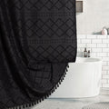 Extra Long Boho Black Shower Curtain With Tassels 72 X 84, Tufted Chevron Striped Chenille Woven Fabric Cloth Shower Curtain Mod