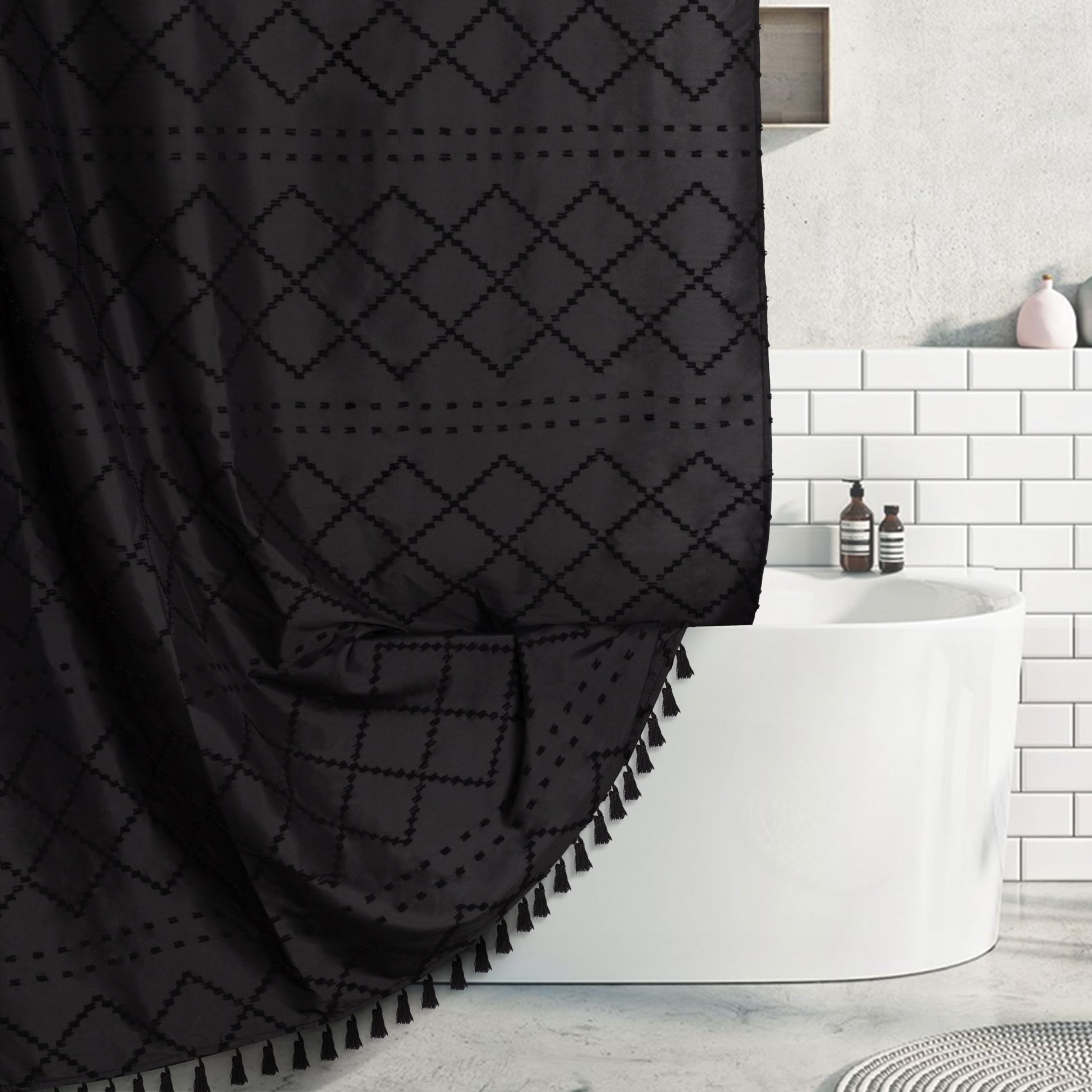 Extra Long Boho Black Shower Curtain With Tassels 72 X 84, Tufted Chevron Striped Chenille Woven Fabric Cloth Shower Curtain Mod