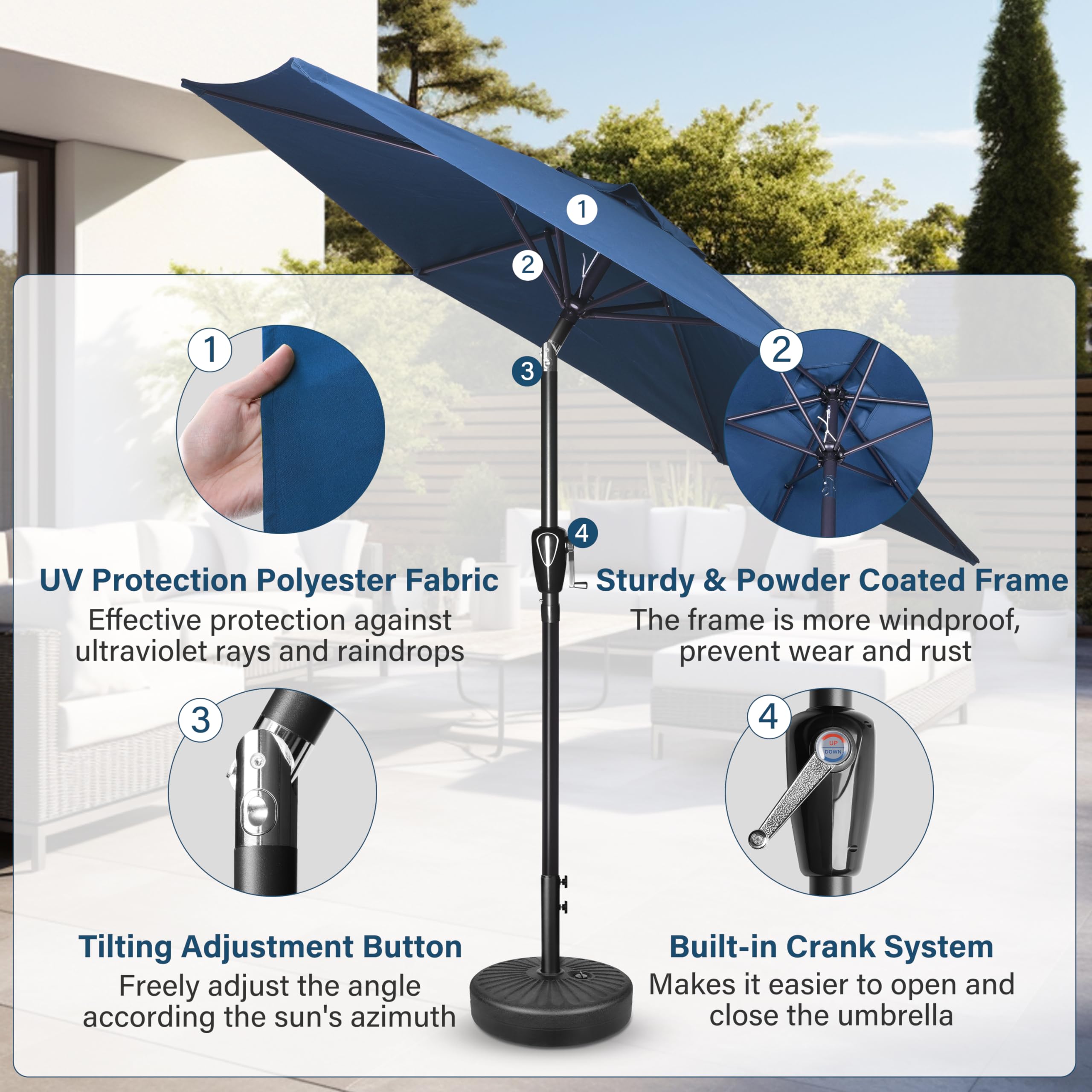 Simple Deluxe 7.5' Patio Umbrella Outdoor Table Market Yard Umbrella With 6 Sturdy Ribs For Backyard, Pool, Garden, Deck, Blue