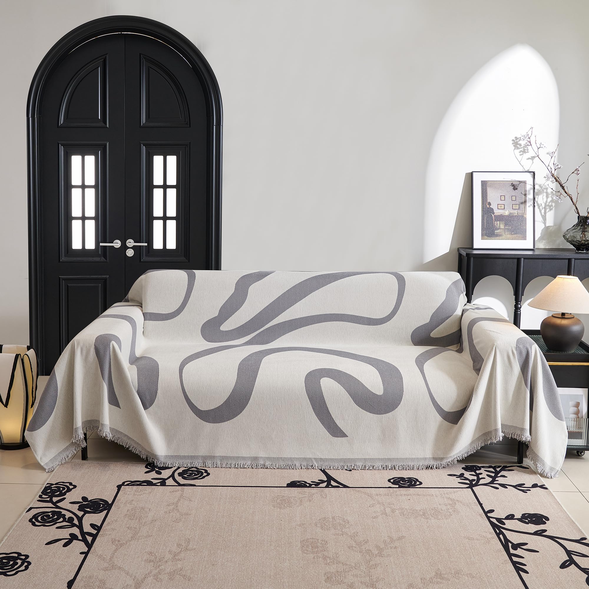 Mysky Home Boho Couch Cover Super Soft Couch Covers For 2-3 Cushion Couch Sofa, Modern Grey Jacquard Sofa Slipcover Loveseat Futon Cover, Couch Covers For Sectional Sofa, 71' X 102', Grey Curve