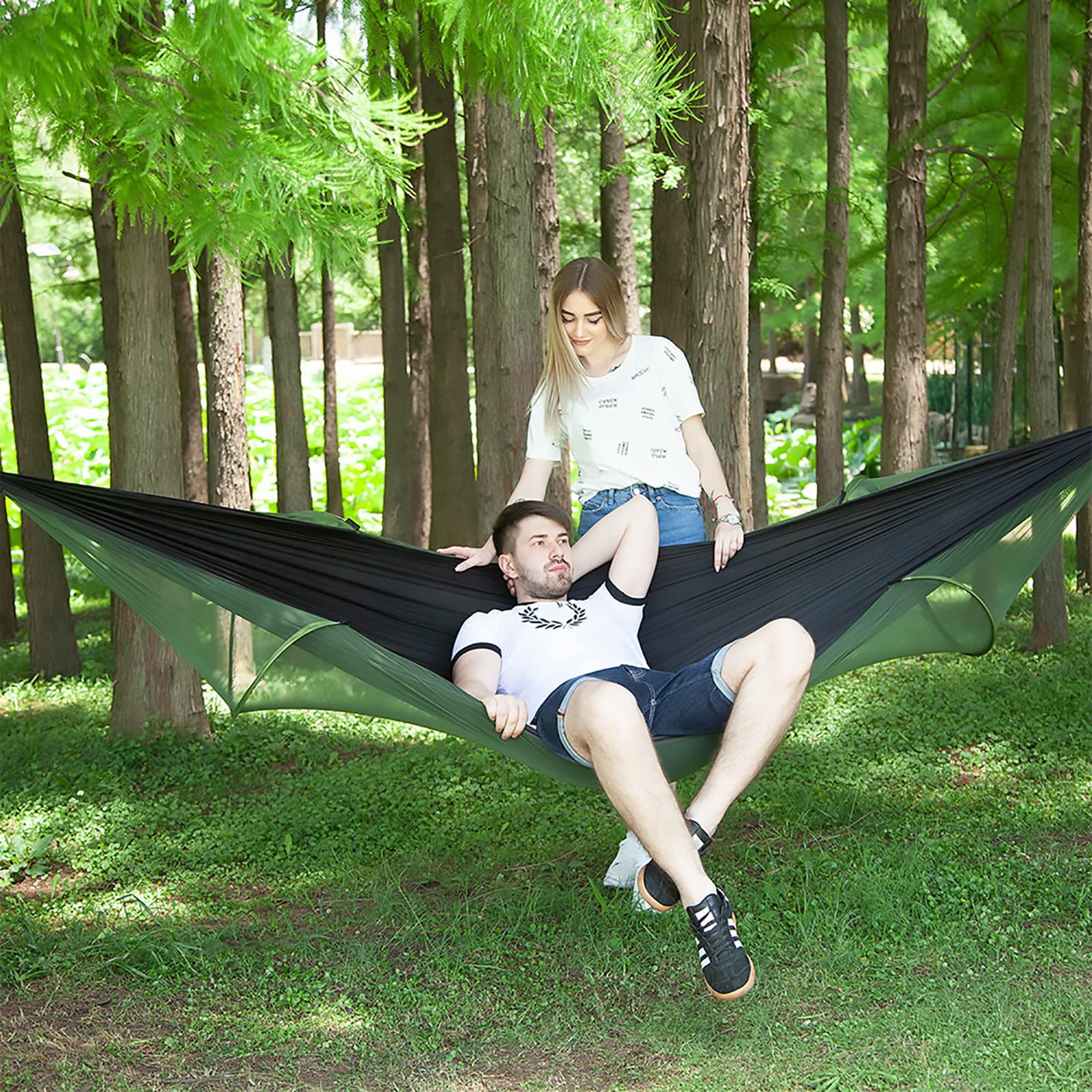LFL Portable Camping Hammock with Mosquito Net, 1 or 2 Person Outdoor Swing Hammock, Nylon Parachute Material, Quick Opening Out