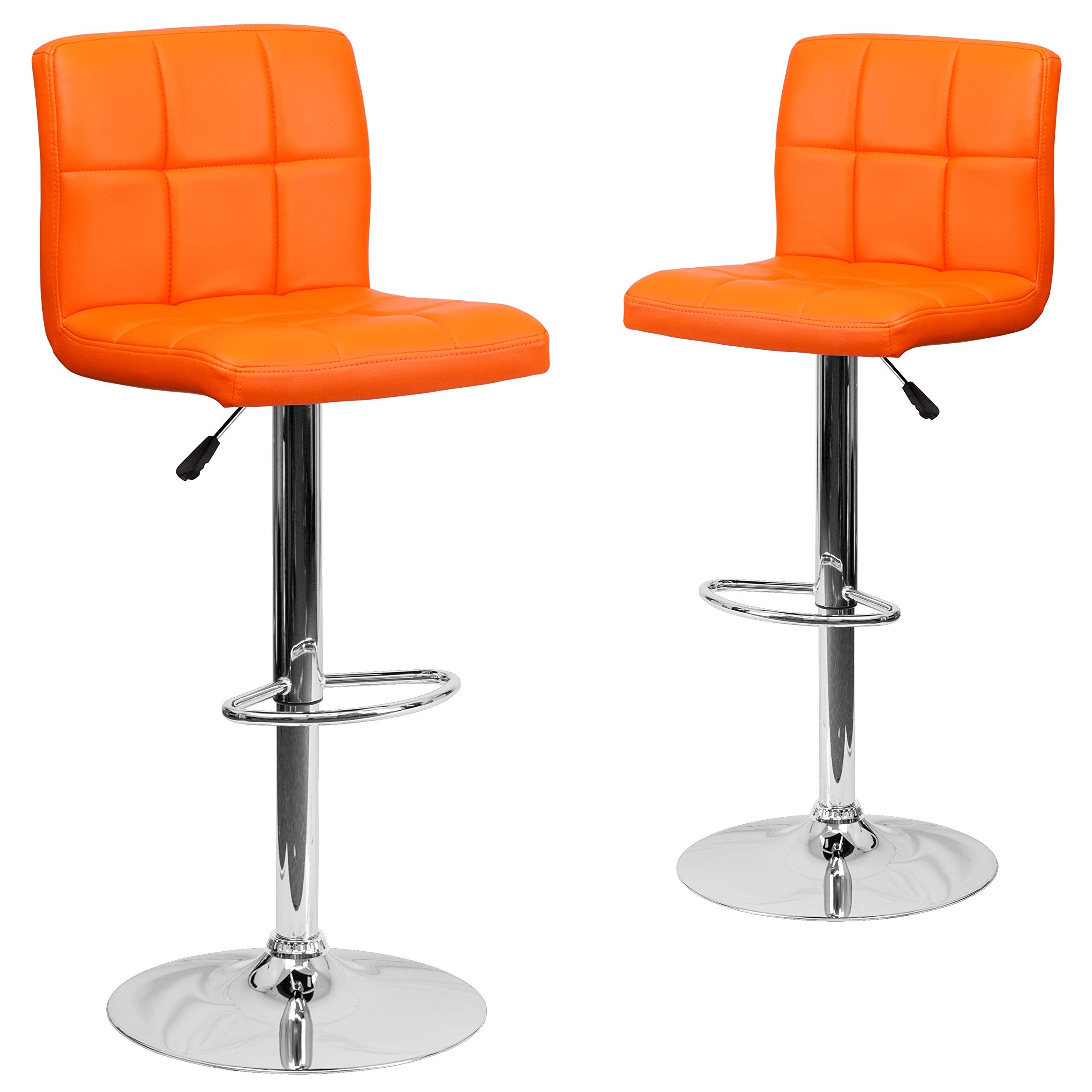 2 Pk. Orange Quilted Vinyl Adjustable Height Barstool with Chrome Base